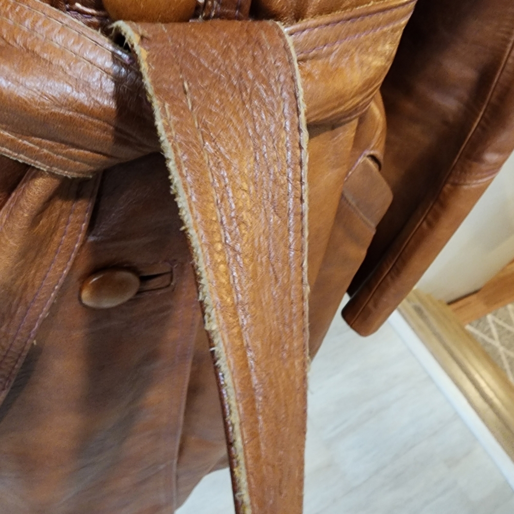 Vintage Leather Trench Coat Full Length 70s Genuine Cognac Leather size Medium - Picture 14 of 16